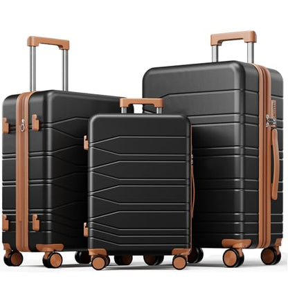 3 Piece Expandable Luggage Set Suitcases with Wheels Hardshell Large Black - color: Black