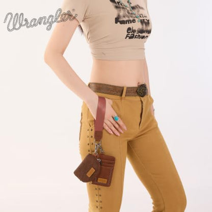 Wrangler Keychain Wristlet Wallets for Women Western Dual Pouch Wristlet Credit Card Holder Wallet - color: Tooling and stud Brown