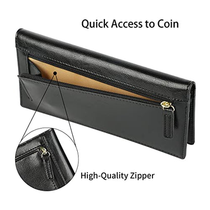 Lavemi Ultra Slim Thin Leather Women Wallet RFID Blocking Credit Card Holder Bifold Long Ladies Billfold - color: 1-waxed Black