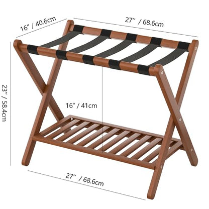 Luggage Racks Set Of 2 Suitcase Stand Foldable With Storage Shelf For Guest Room Hotel Essentials Solid Bamboo Heavy-Duty Item Holder Chestnut Brown