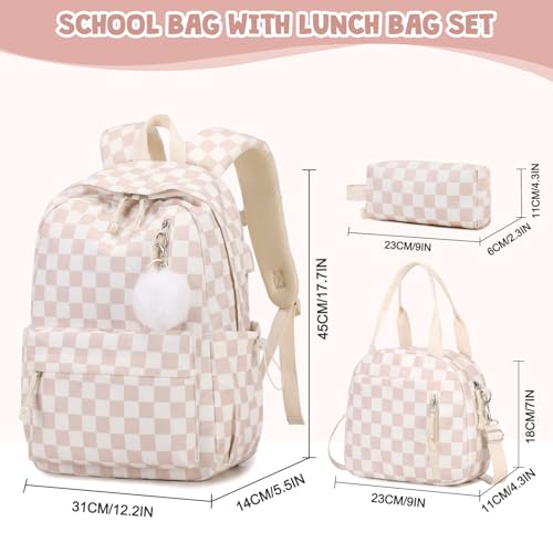 3PCS Corduroy Girls Backpack w/ Lunch Box & Pencil Bag (Beige Chessboard) - color: Beige Chessboard
