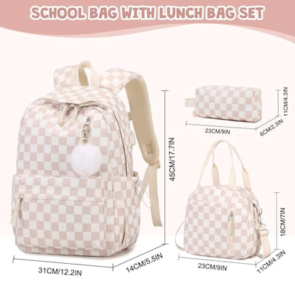 3PCS Corduroy Girls Backpack w/ Lunch Box & Pencil Bag (Beige Chessboard) - color: Beige Chessboard