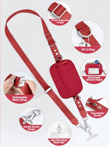 Tiostep Clip and Go Strap for Phone with Wallet Crossbody Phone Lanyard Adjustable and Detachable RFID Wristlet Wallet (Red, Medium) - color: Red, size: Medium