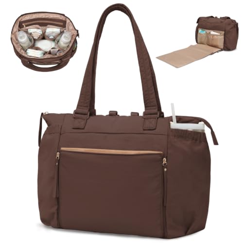 MOMINSIDE Diaper Bag Tote with Changing Station Convertible Diaper Bag Backpack Tote pañaleras para bebe Large Baby Bag, Hospital Bag Mommy Bag Travel Diaper Bag for Mom, 16 Pockets, Dark Brown - color: Dark Brown