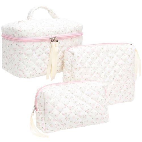 3 Piece Quilted Makeup Bag Set for Women,Cosmetic&Toiletry Bag,Flower Pink | Cute Zipper Makeup Organizer for Cosmetics, Toiletries,Skincare, Makeup Brushes, Beauty Essentials, Travel Accessories&Gifts - color: Flower Pink