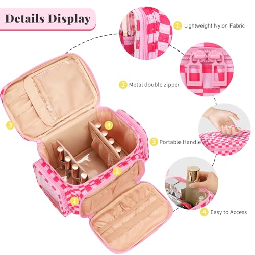Bagmoly Large Makeup Bag, Travel Makeup Cosmetic Bag for Girls, Hotpink - color: 04-Hotpink Checkerboard, size: Medium