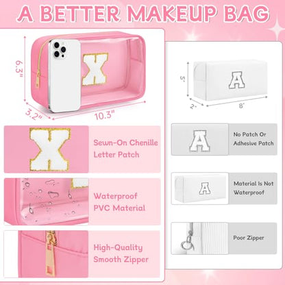 Initial Clear Makeup Bag, Birthday Gift Chenille Patch Cosmetic Bag - color: Pink, size: X