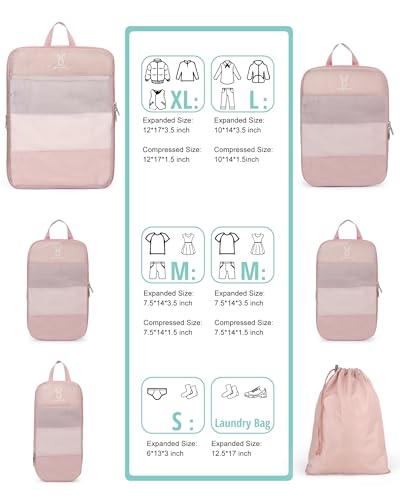6/8 Set Space Saving Compression Packing Cubes Lightweight Packing Cube - color: Pink, size: 6 Pcs(XL,L,M*2,S,laundry bag)
