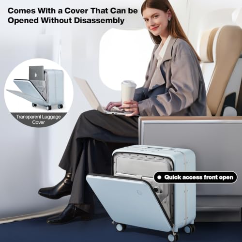 mixi Carry On Luggage, 18” Suitcase with Front Pocket, Travel Luggage Aluminum Frame PC Hardside with Spinner Wheels & TSA Lock and Cover (Not for Underseat), Glacier Blue - color: Glacier Blue, size: 18-inch