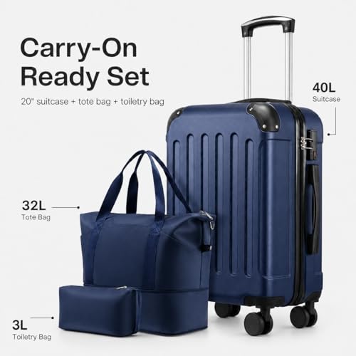 YOETEY Lightweight Hardshell Carry On Luggage, 20 Inch, 3-Piece Set - color: Blue, size: 3-Piece Luggage Set