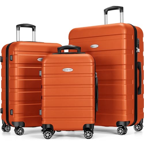 Luggage Sets Hardside Lightweight Suitcase with Spinner Wheels TSA Lock, 3-Piece Set (20/24/28) - color: Orange