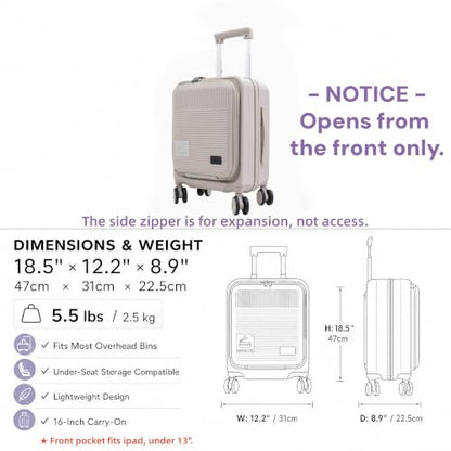 16" Underseat Luggage, Front Opening Carry On, Beige - color: Beige