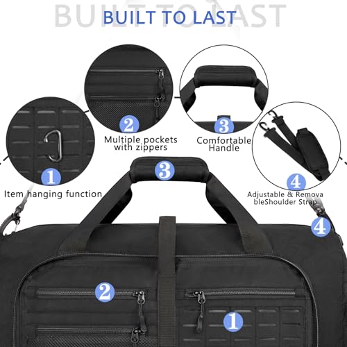 Goloni 65L Foldable Duffle Bag for Travel, Large Durable Travel Duffel Bag - color: All Black, size: 65L