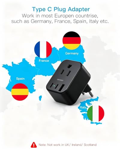 Black European Travel Plug Adapter, US to Europe, Type C Power Adapter - style: Type C - Most of Europe(Black)