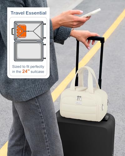 TOPDesign Travel Toiletry Bag, Puffer Makeup Organizer with Compartments - color: Ivory White