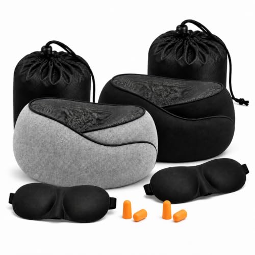 2 Pack Travel Neck Pillow Set, Pure Memory Foam Neck Pillow with Eye Mask Earplugs Storage Bag, Breathable 360 Degree Ergonomic Support, Compact Portable Plane Train Travel Essentials