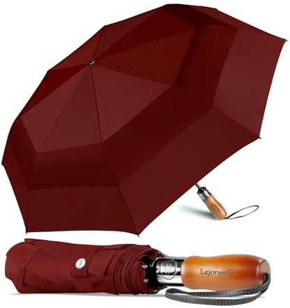 Windproof Golf Umbrella Large 54 Inch Folding Auto Open Close Wood Handle - color: 07.Wine Red