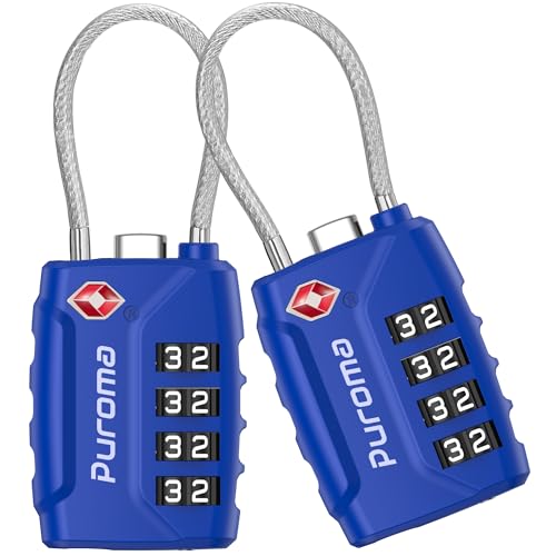 Puroma 2 Pack TSA Approved Luggage Locks 4 Digit Code Cable Lock Blue | Resettable, Flexible Cable, Zipper holes, Zinc Alloy, Bright Color, Large White Numbers, Suitcase Train Travel, laptop bag - color: Basic Blue