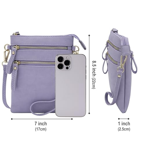 Solene Small Crossbody Bag for Women, Multi Zip Pockets with Detachable Wristlet, Lightweight Travel Purse, Cell Phone Pouch - color: Lavender