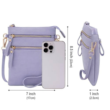Solene Small Crossbody Bag for Women, Multi Zip Pockets with Detachable Wristlet, Lightweight Travel Purse, Cell Phone Pouch - color: Lavender