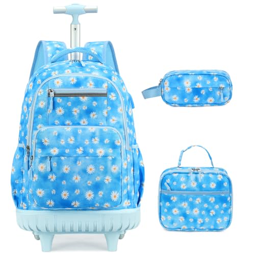 ACESAK Rolling Backpack for Girls with Lunch Bag & Pencil Pouch - color: Blue Daisy