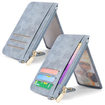 SENDEFN Slim Credit Card Holder RFID Blocking Leather Keychain Wallet for Women with Zipper Pocket - color: 1-Blue