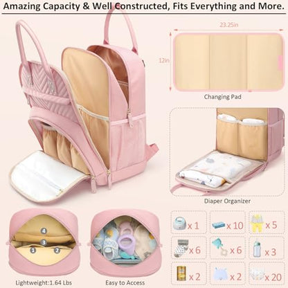 Tenot Diaper Bag Backpack for Women with Changing Pad Baby Pink - color: Baby Pink, style: With Extra Layer & Changing Pad