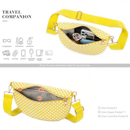 Woven Crossbody Bag for Women, Checkered PU Bum Bag Sling Purse with Adjustable Strap for Travel, Festivals - color: Lemon Yellow & White Checkered Woven
