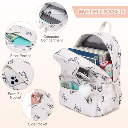 3PCS Corduroy Girls Backpack w/ Lunch Box & Pencil Bag (Beige Butterfly) - color: Beige Butterfly