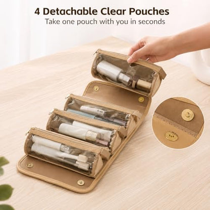 YDR Roll Up Makeup Bag for Women, 4-in-1 Toiletry Bag with 4 Detachable Clear Pouches, Hanging Travel Makeup Organizer, PU Leather Cosmetic Bag - color: 4 separate-Brown