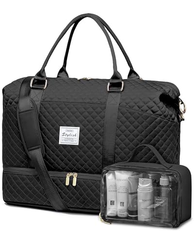 Travel Weekender Duffle Bag for Women: Overnight Bags with Shoe Compartment - color: 1-Black, size: X-Large