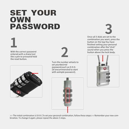 Luggage Locks TSA Approved, Small Padlock Combination with Cable, TSA Locks for Luggage, Combo Padlock with Code, for Travel Suitcase, Gym Locker, Gun Case, Backpack Zipper (Black+Silver) - color: Black+Silver, style: Flexible Cable