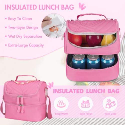 DIGOBAY Quilted Backpack for Girls with Lunch Bag Pencil Case - color: Magenta