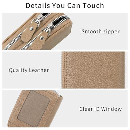 RNIEGA Credit Card Holder Wallet RFID Blocking Leather Small Wallet for Women Double Zipper Wallet with ID Window - color: Beige