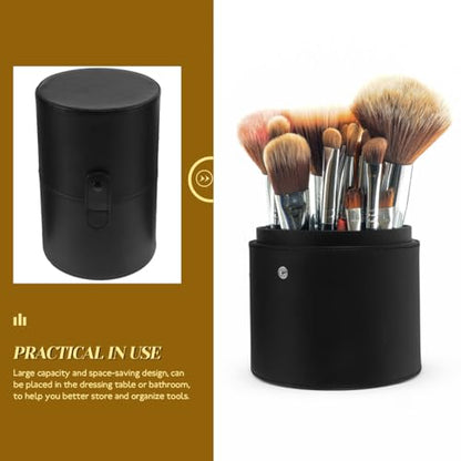 Ipetboom Portable Makeup Brush Holder with Lid: 20.1X13.2X13.2cm/7.9X5.2X5.2in PU Leather Case Cosmetic Storage Bucket for Women Black