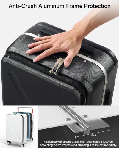 MILADA Wide Handle Luggage with Front Pocket Hardshell Aluminium Check In Suitcase with Wheels Medium 24 Inch Front Opening Checked Luggage with Spinner Wheels TSA Lock Airline Approved Luggage, Black - color: Black, size: Checked Medium 24 Inch