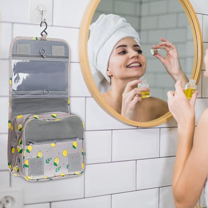 Foldable Hanging Travel Toiletry Bag,Waterproof Portable Travel Bags, Multifunction Travel Makeup Cosmetic Bag Organizer with Hanging Hook (Grey Lemon) - color: Grey Lemon