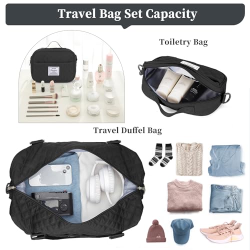 Weekender Bags for Women, Travel Duffel Bag with Shoes Compartment - color: Grid-Black, size: Large