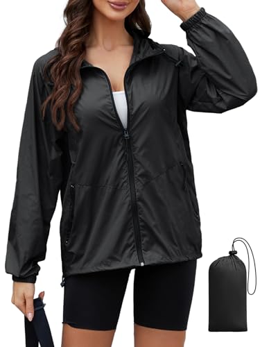 PITINAN Women's Rain Jacket Packable with Hood Lightweight Travel XS-3XL - color: Black, size: Medium