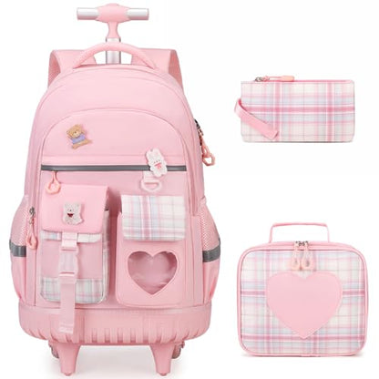 ACESAK 3PCS Rolling Backpack for Girls Children, Girls Backpack with Wheels - color: Pink