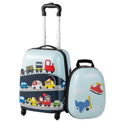 GYMAX 아동용 휴대용 수하물 세트, 30.5cm(12인치) 및 40.6cm(16인치) 롤링 슈트케이스 2개 - color: 리틀 비행기