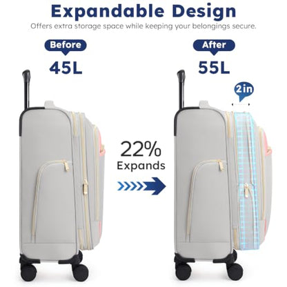 Softside Expandable Carry On Luggage, 20in Carry on Suitcase with Wheels - color: Grey/ Pink