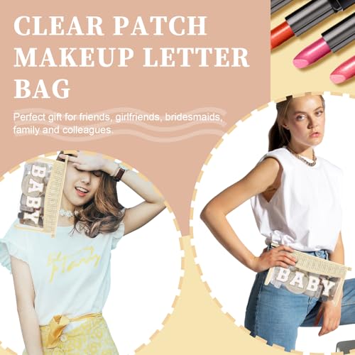 Cute Boho Patch Baby Bag Clear Makeup Letter Bag, Waterproof Zipper Make up Bags Toiletry Pouch for Women Girls, Clear Letter Patch Cosmetic Bags Transparent Organizer Pouch for Travel(Baby, Beige) - color: Baby-Beige