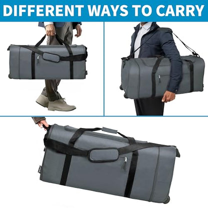 Finnhomy 100L Foldable Rolling Duffel Bag with 2 Wheels, Light Weight Travel Duffel bag with Large Loading Capacity, 32 inch Rolling Duffel bag with Shoulder Strap for Travel Camping Sports, Grey - color: GREY