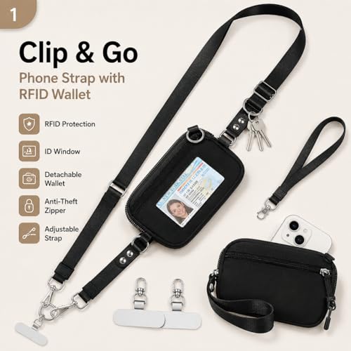 Clip and Go Strap for Phone,Crossbody Phone Lanyard Adjustable and Detachable Wristlet Wallet with ID Window