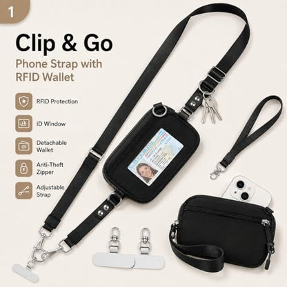 Clip and Go Strap for Phone,Crossbody Phone Lanyard Adjustable and Detachable Wristlet Wallet with ID Window