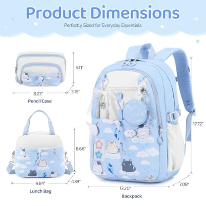 DIGOBAY Backpack for Girls, 5PCS School Bookbag with Lunch Box Pencil Case - color: Blue Cat