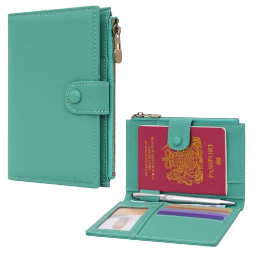 Leather Passport Cover Wallet Travel Essentials Holder with Zipper Pocket - color: Cyan