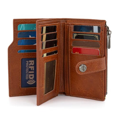 Wrangler Wallet for Women Bifold Card Holder with Zipper and ID Window - color: Daisy-Brown