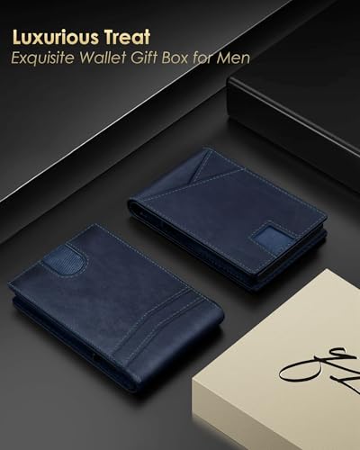 QLD Wallet for Men - RFID Blocking [Functional & Practical] Bifold Slim Minimalist Credit Card Holder Pop Up Metal Case with Cash Slot, Front Pocket with ID Window, Gift Boxed - color: Navy